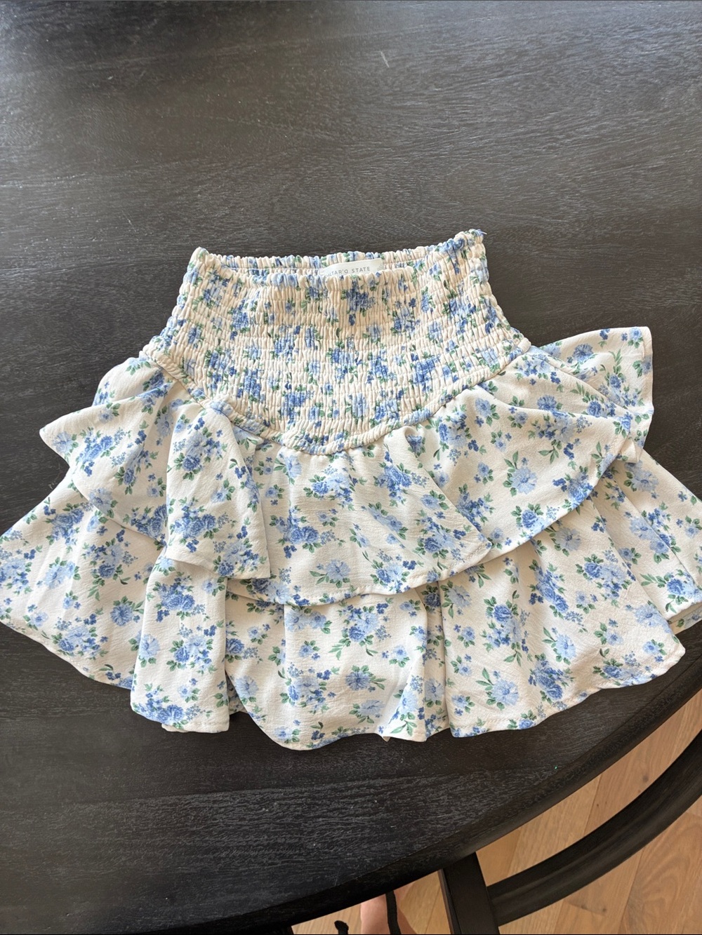 Altar'd State White Floral Smocked Ruffle Skirt with Blue Print